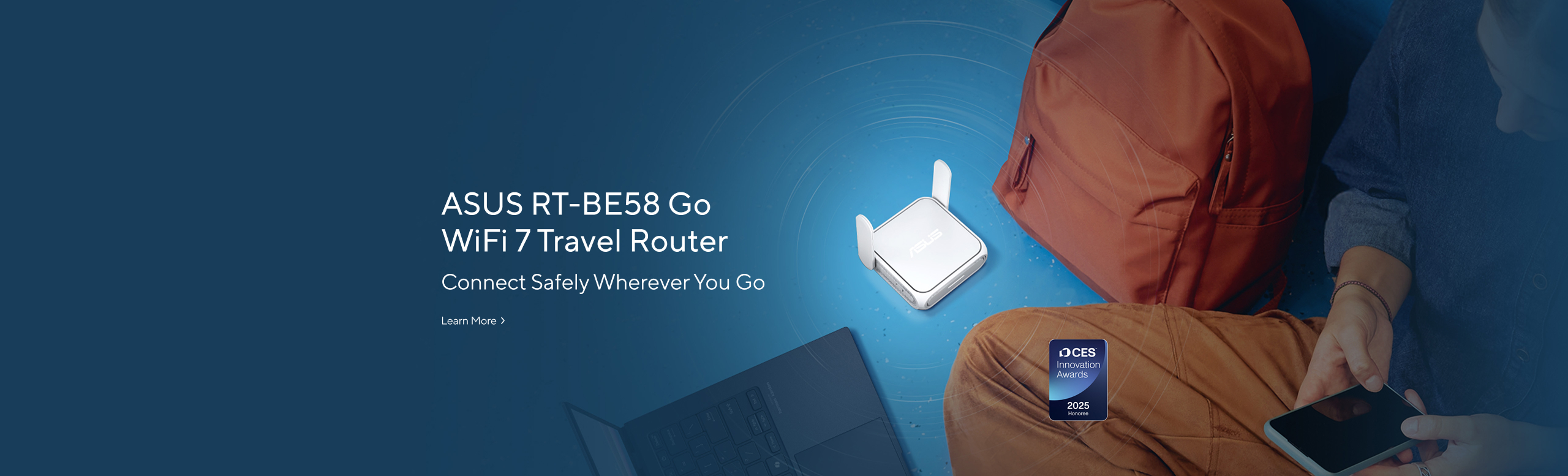 A woman sits on the floor using a smartphones and laptop, with the ASUS RT-BE58 Go placed nearby next to a backpack, featuring the 2025 CES Innovation Award logo.